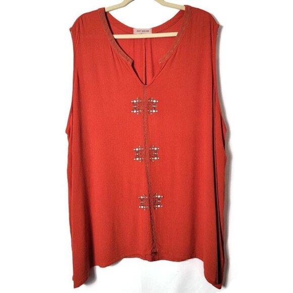 East Adeline Orange Gauze Crinkle Boho Embroidered Sleeveless Tank Top Blouse 5X - Picture 1 of 12